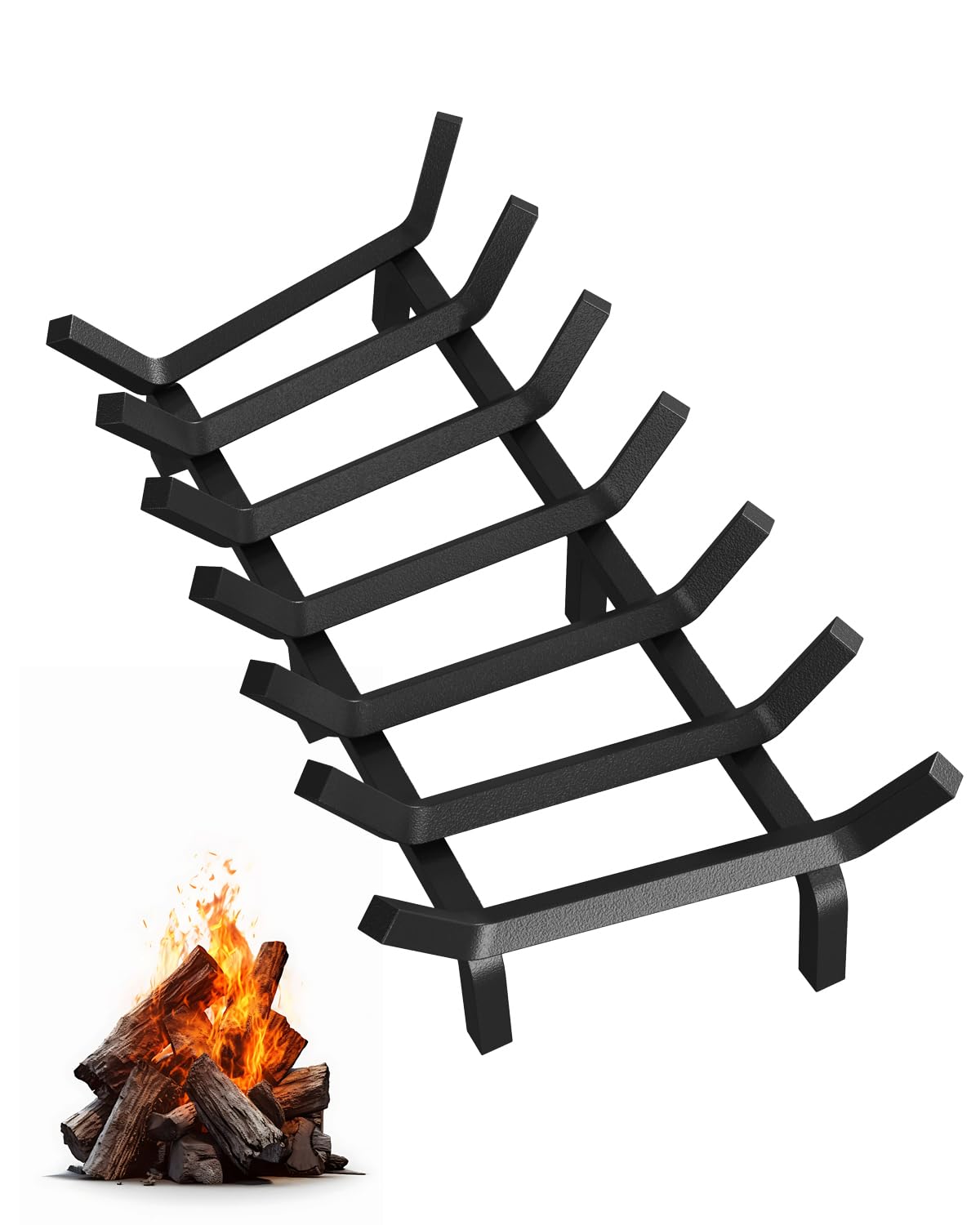 Garvee Support à bûches en acier massif – Grille de cheminée robuste pour poêle à bois, intérieur et brasero extérieurérieur – 6 pieds, 7 barres pour rangement idéal – Finition thermolaquée