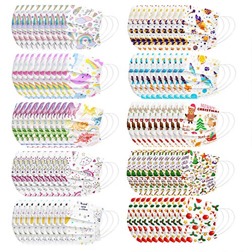 Kids Disposable 100Pcs Face Bandanas,3 Ply Non-Woven,10 Style Combo (100Pcs, 10 Style C)