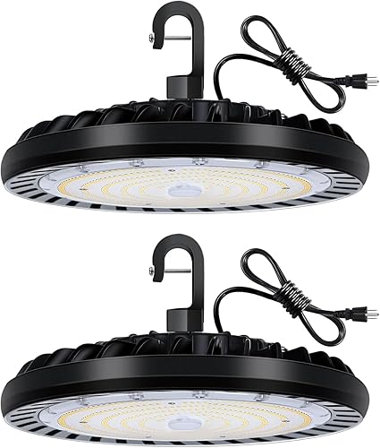 Paquete de 2 luces LED de alta bahía de 150 W, 5000 K UFO LED de alta bahía con enchufe estadounidense [equivalente a 450 W MH/HPS] 120-277 V,