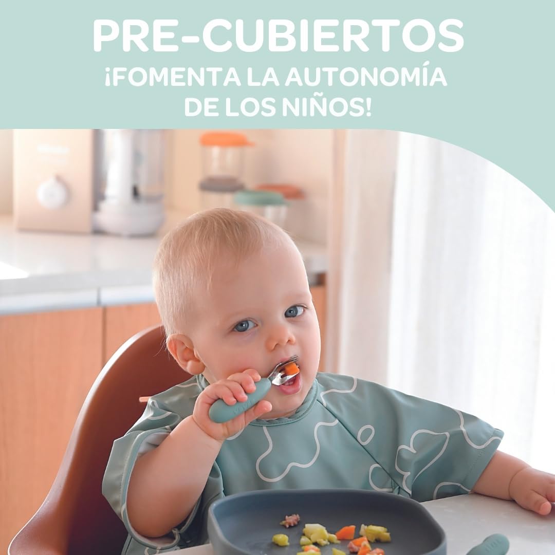 BÉABA, Juego de 2 cubiertos de acero inoxidable y silicona, cubertería infantil, a partir de 10 meses, forma ergonómica, mango ergonómico, cubiertos para bebé, color verde
