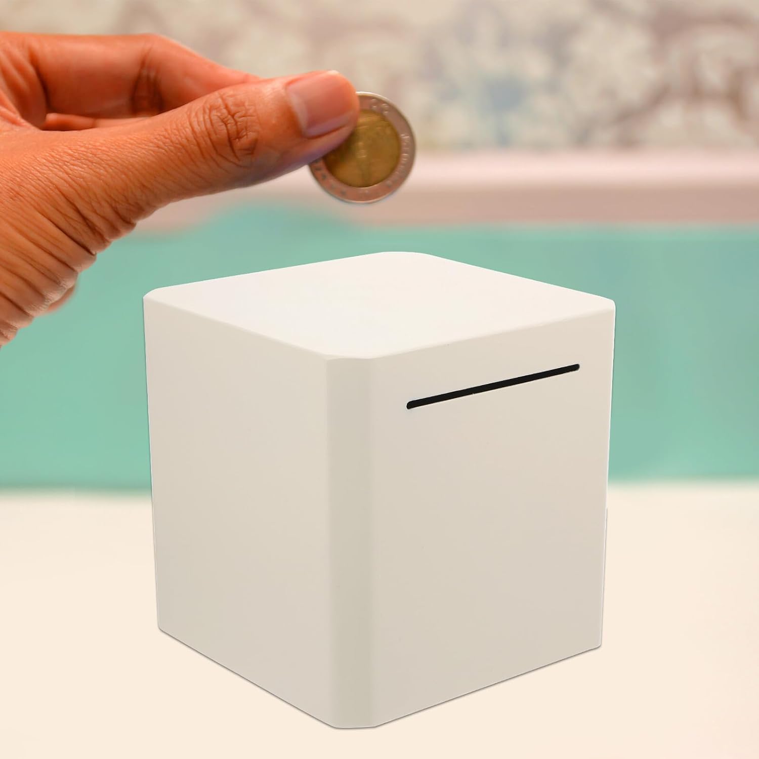 Stainless Steel Piggy Bank Money Saving Jar for Ivory White 20x20x20cm Coin Deposit Box Cash Savings