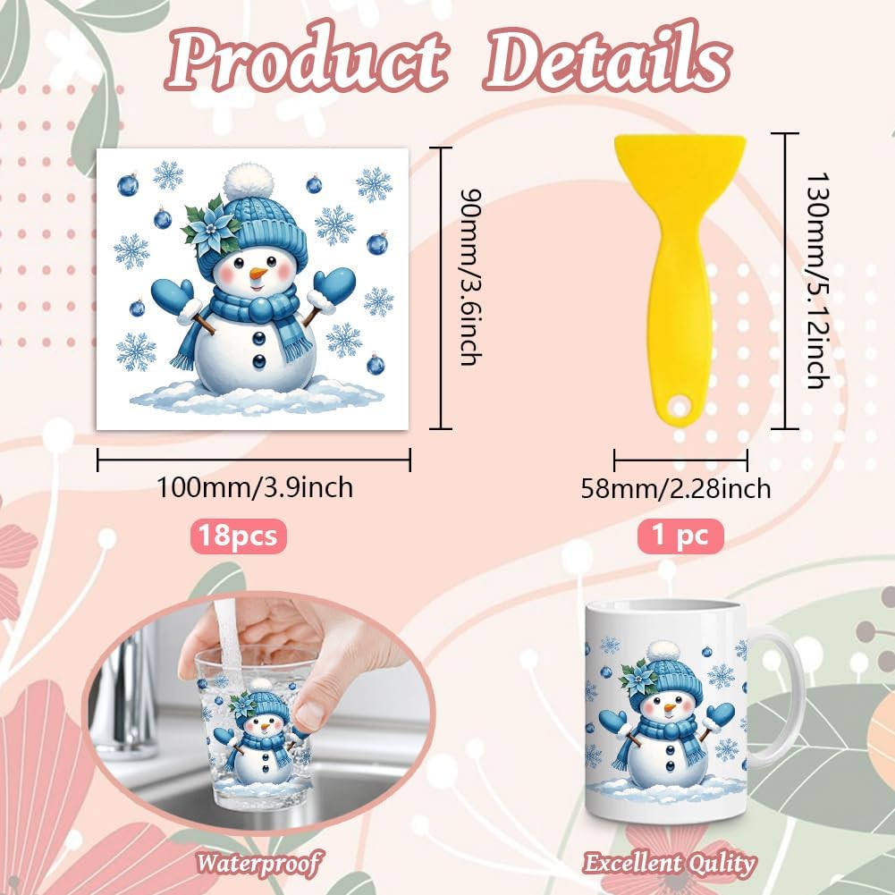Peacoblue 18 Sheets Rub on Transfers for Crafts, Blue Snowman 3.6"x3.9" UV DTF Cup Wraps Waterproof Rub on Cold Transfers Stickers for Wood Glass Metal Cup Tumblers Mirrors Mugs Home Decor