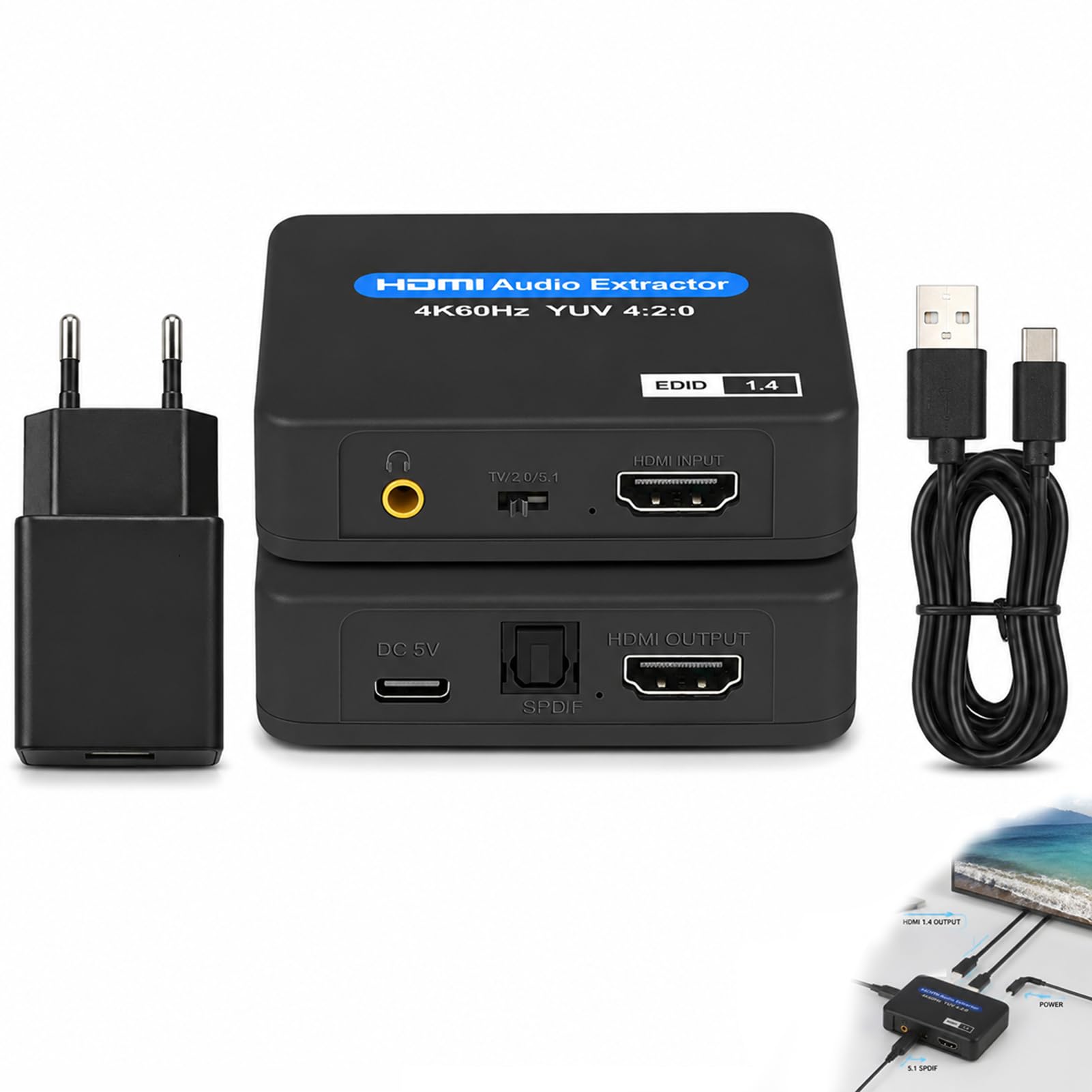HDMI Audio Extractor, Optical SPDIF Audio Splitter Toslink + 3.5mm Ausgang, 4K 60Hz Konverter Adapter für Fire TV Stick PS5 Xbox PC Laptop, EDID Umschaltung, für Soundbar und Verstärker
