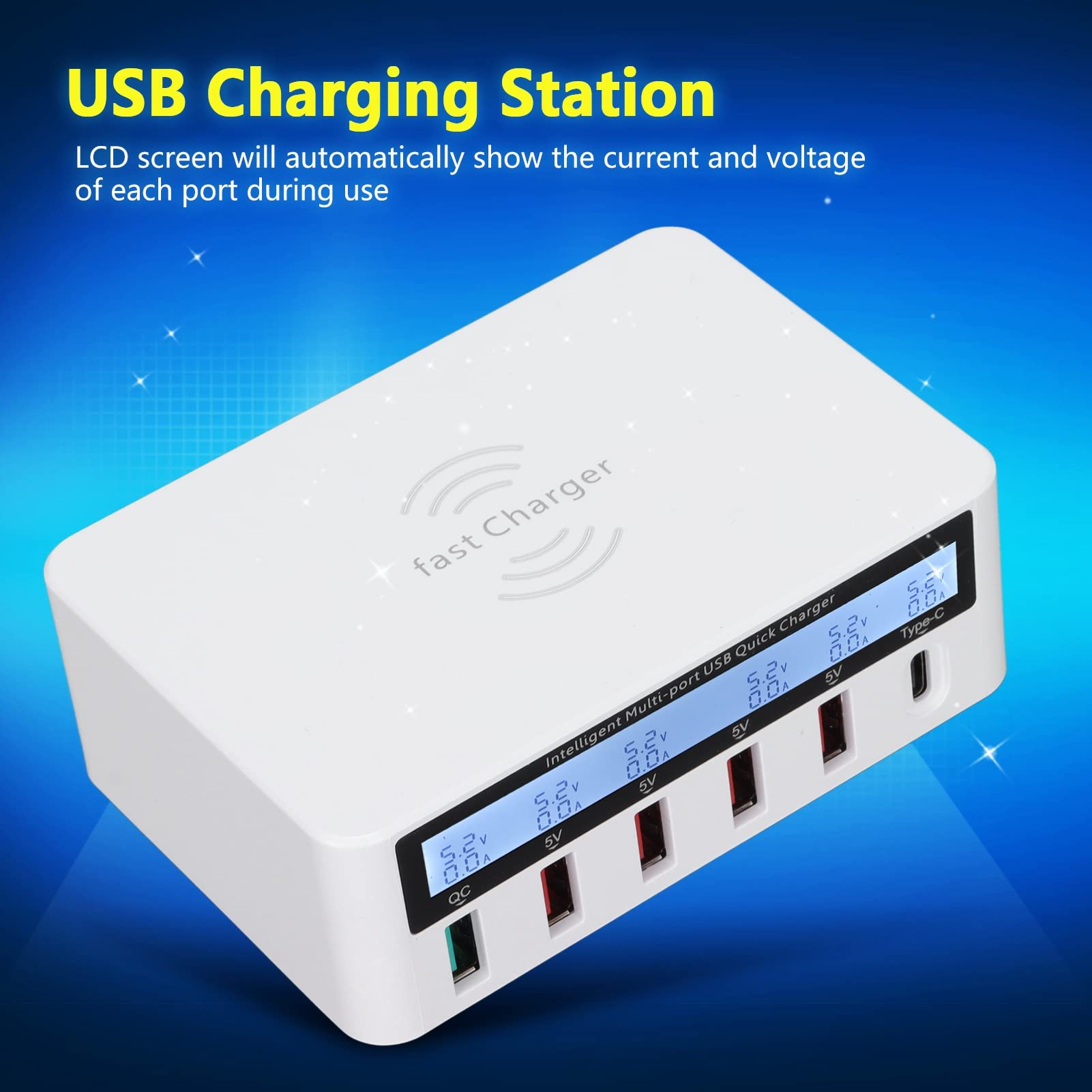 40-W-USB-C-Ladeblock, 6-Port-Schnellladestations-Hub mit 4 USB 1QC3.0 1 Typ-C und Kabelloser Ladeposition, für Tablet-Smartphones (White)