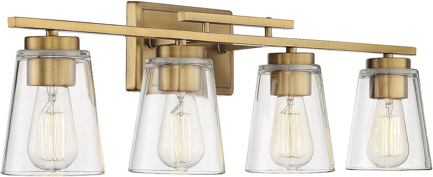 Savoy Essentials 8-1020-4-322 Calhoun Modern Clear Glass Bathroom Vanity Wall Light, 4-Light 240 Total Watts, 9" H x 32" W, Warm Brass