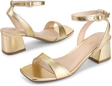 Ankis Women Gold Black Silver Dressy Square Peep Toe Low Chunky Heel Sandal