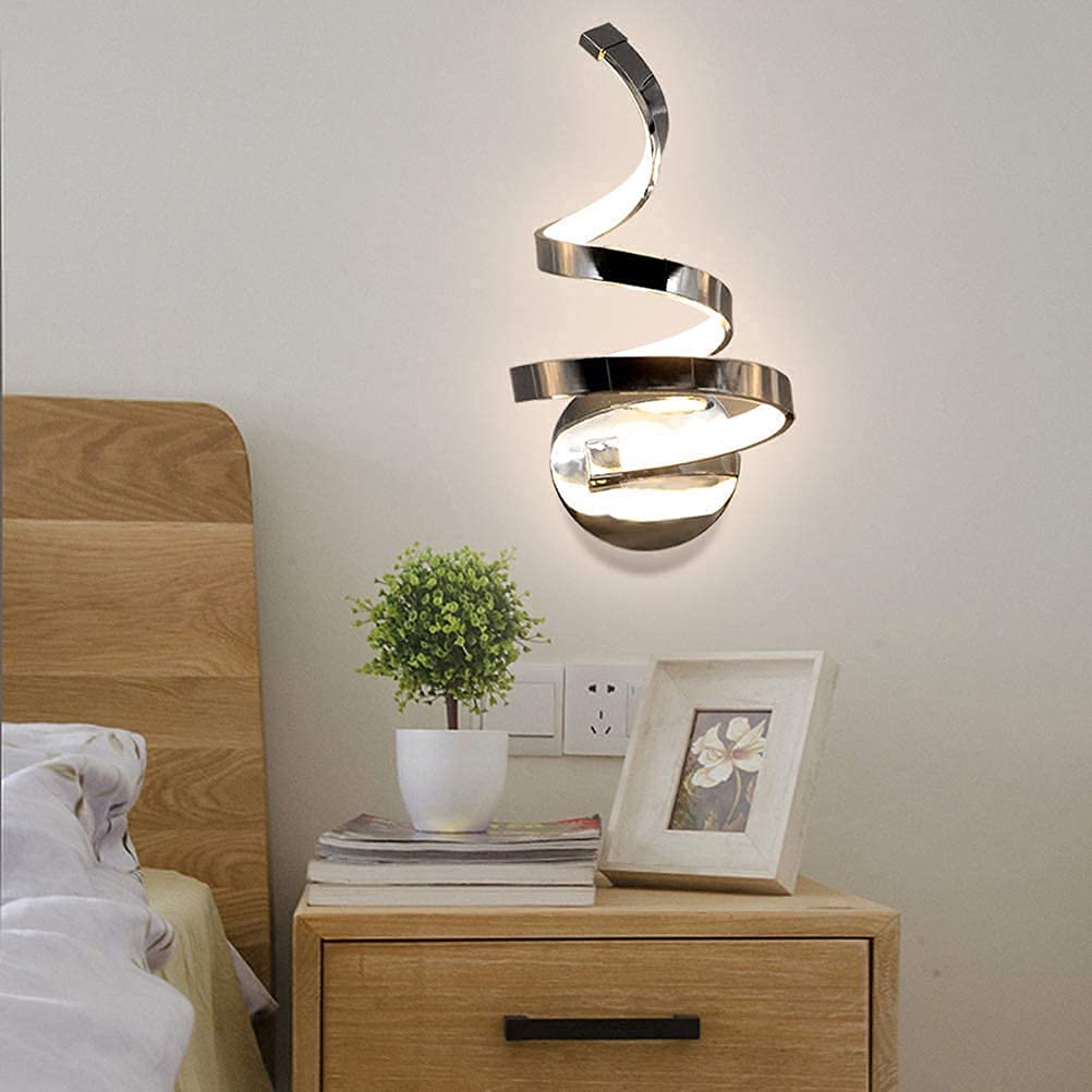 Lámpara de Pared LED Moderna con Espejo, 20 W, diseño Espiral Creativo, lámpara de mesita de Noche de Aluminio acrílico, iluminación cálida, para Dormitorio (cromada).