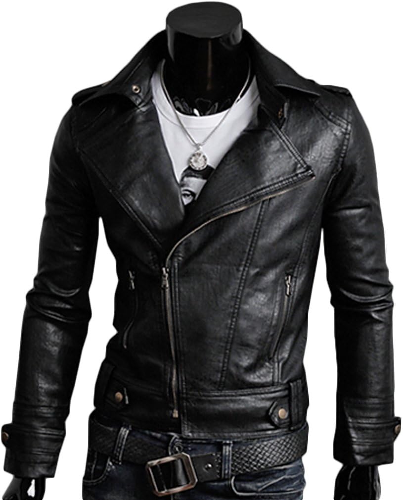 TM Fashion men slim suit collar oblique zipper leather jacket motorcycle leather