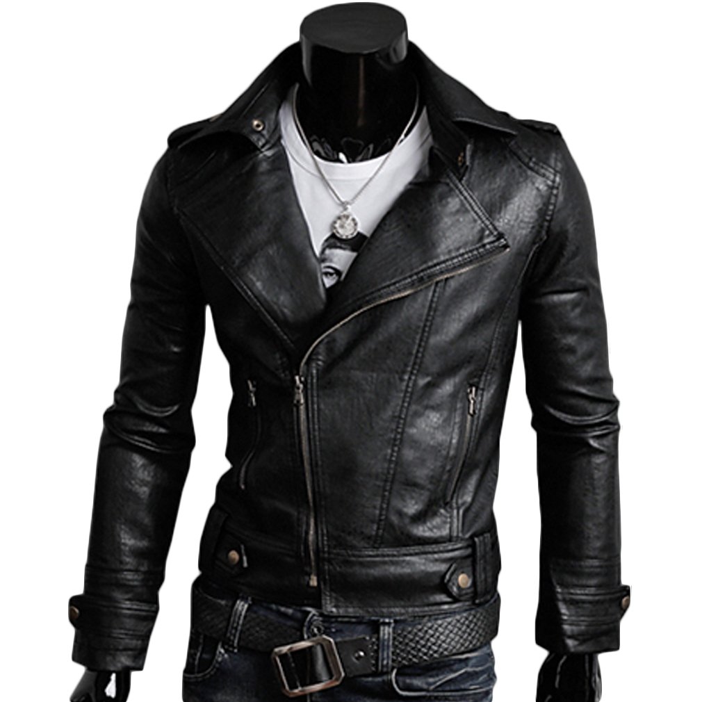 TM Fashion men slim suit collar oblique zipper leather jacket motorcycle leather