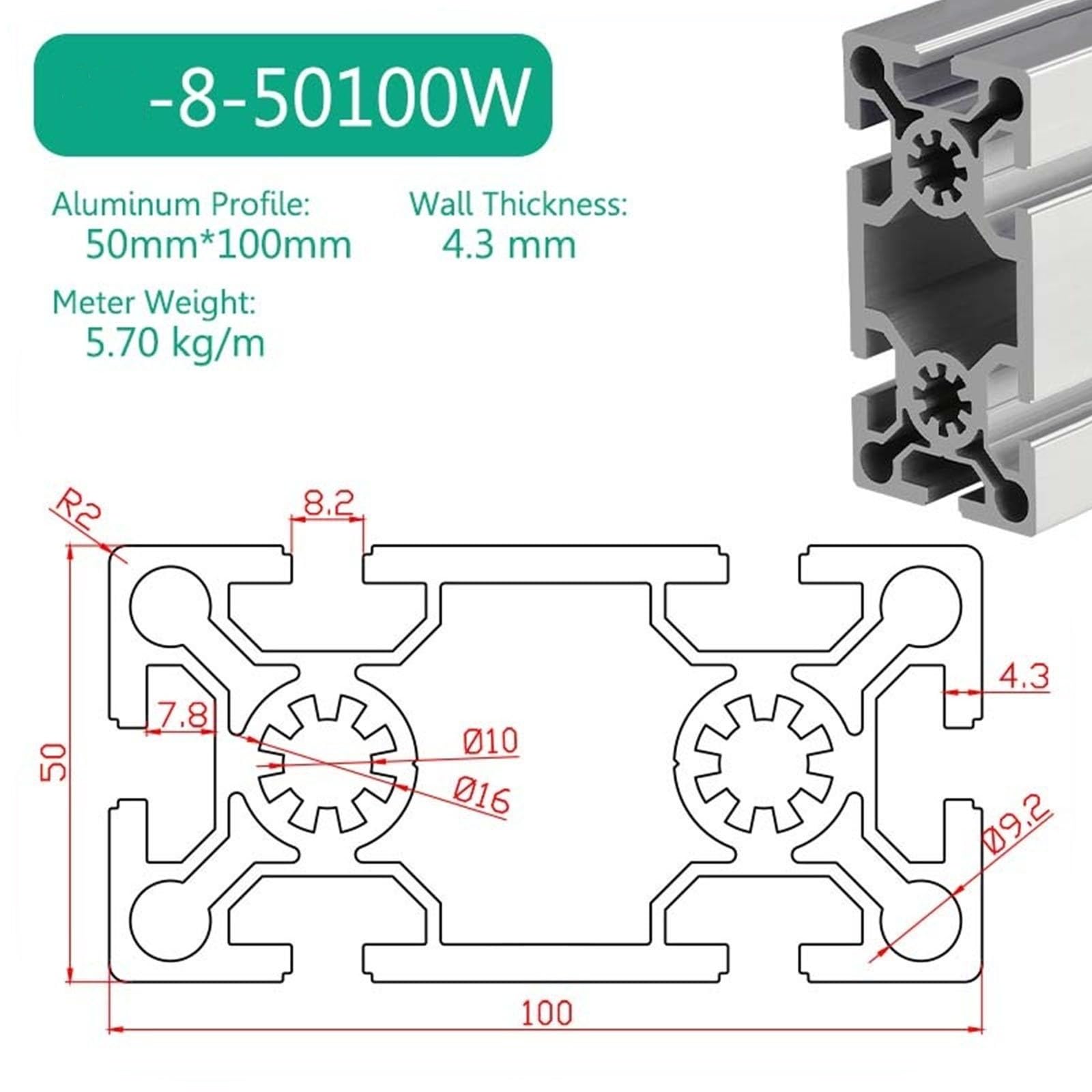 Profil aluminiowy 50 x 100 mm, liniowa płaszczyzna 50 x 100 mm, rowek 8,2 mm na suwak aparatu, ramię robota i rama wspornika (350 mm 13,78 cala) długość