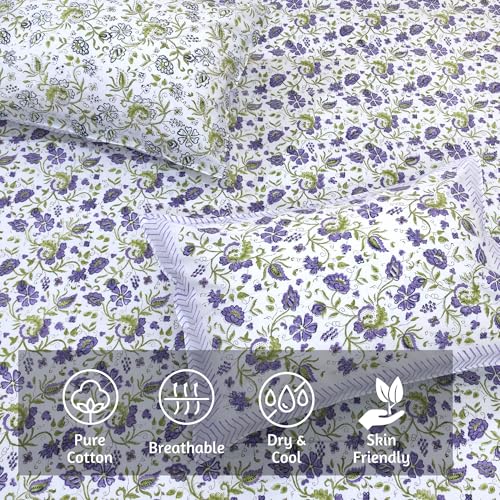 Image of TOAI Hand Block Printed Bedsheet | Bed Spread Flatsheet Bed Sheet | Pure Cotton | Queen Size 90 inchx108 inch | 210 TC Luxury Cotton | 2 Reversible Pillow Covers |Small Lavender Flowers
