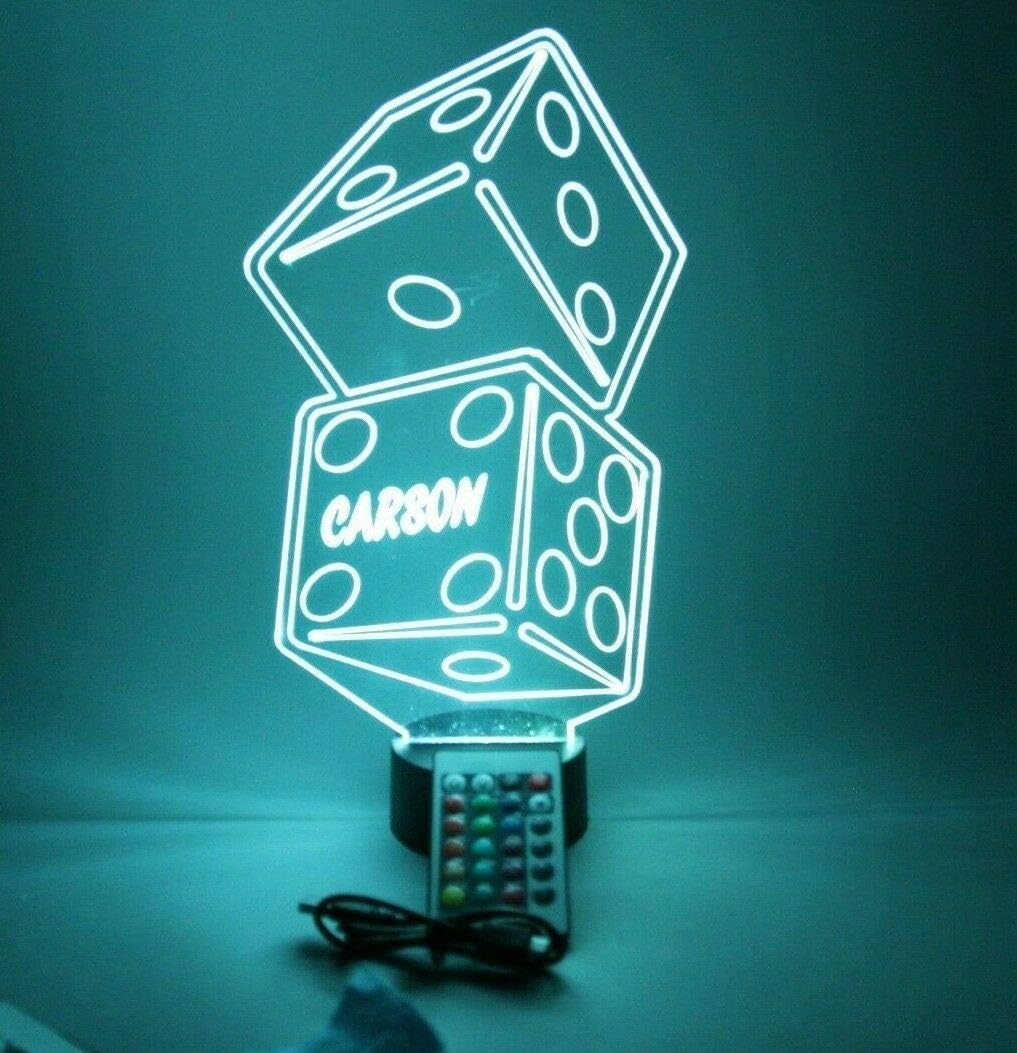 MIRROR MANIA Role Chance Casino Dice Stack Craps Night Light Up LED Free Engraved Custom Name Personalized Desk Table Lamp Room Decor, with Remote, 16 Color Options, Dimmer, It's Wow, Great Gift