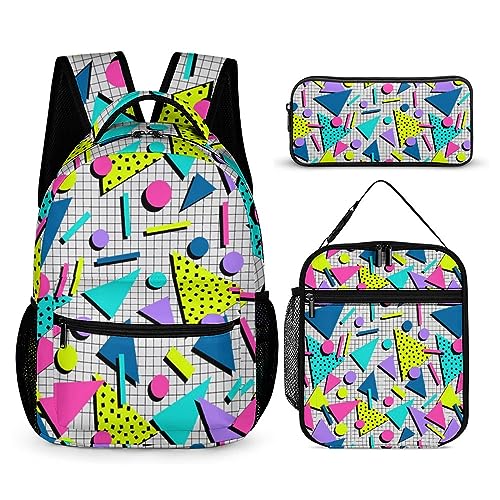 Retro 80s 90s Pattern 3 Piece Backpack Sets With Lunch Bag Pencil Case Combination Hiking Travel Work