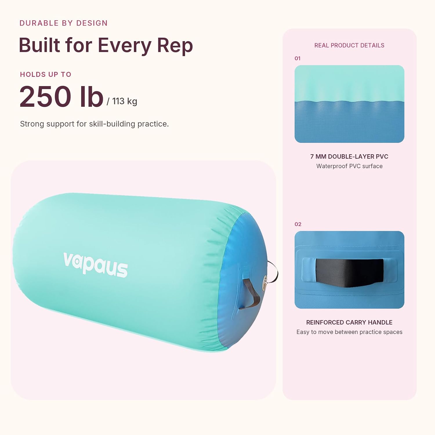 Vapaus Gymnastics Air Barrel Inflatable Tumbling Roller Mat Back Handspring Trainer Air Roller Tumbler Octagon Barrel Gymnastics Equipment for Tumble Track Cheerleading Yoga Training Durable AntiSlip Double Seal Without Pump image 5