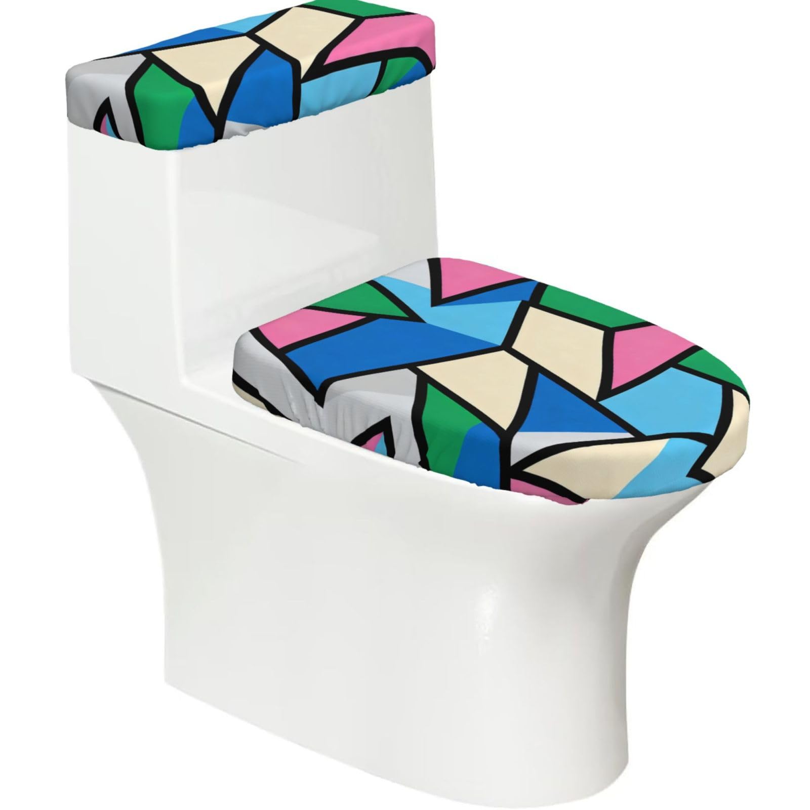 Cntdbu Black Geometric Patchwork Art Stretchy Toilet Lid And Tank Cover Set-Soft Elastic Bathroom Decor For U Shape Oval