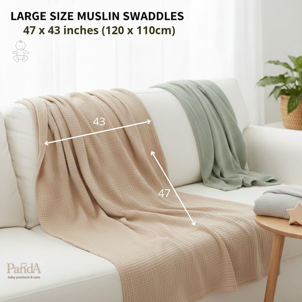 Muslin Swaddle Blankets for Baby, Set of 3, 47x43 in (120x110 cm), 70% Bamboo Rayon & 30% Cotton, Soft & Breathable, Oeko-TEX® Certified