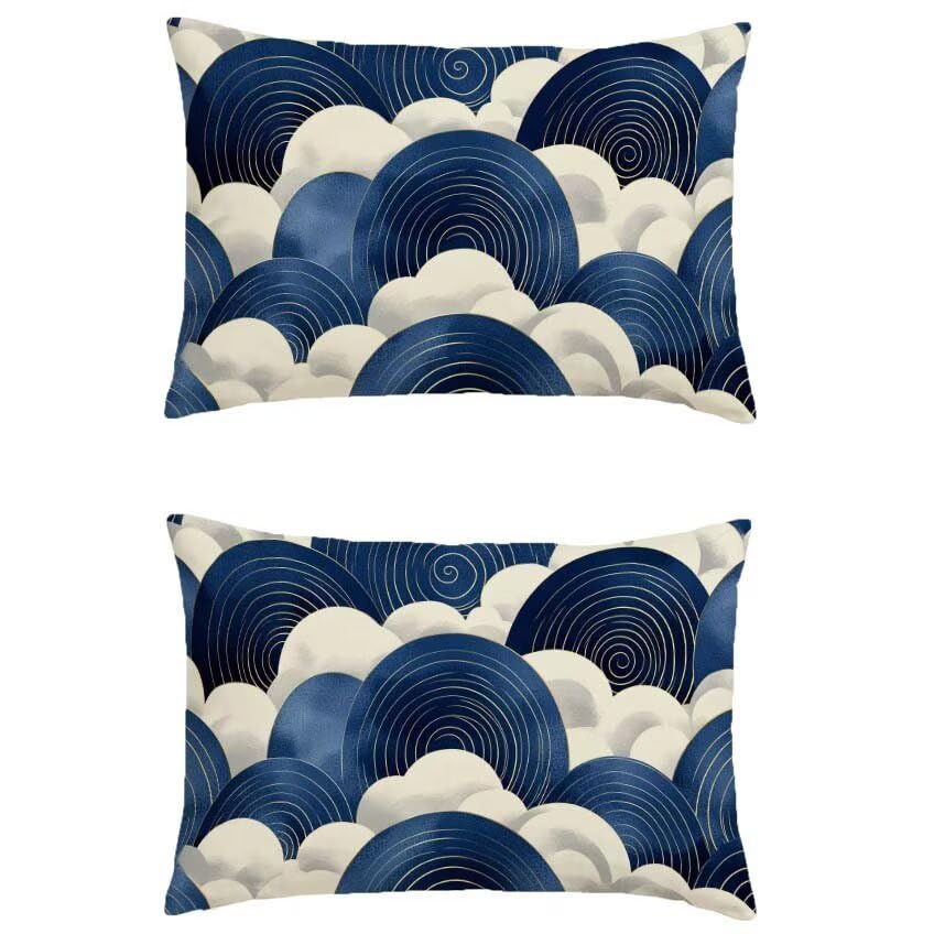 Housse de coussin exterieur marine haut de gamme aspect lin et impression double face blanc