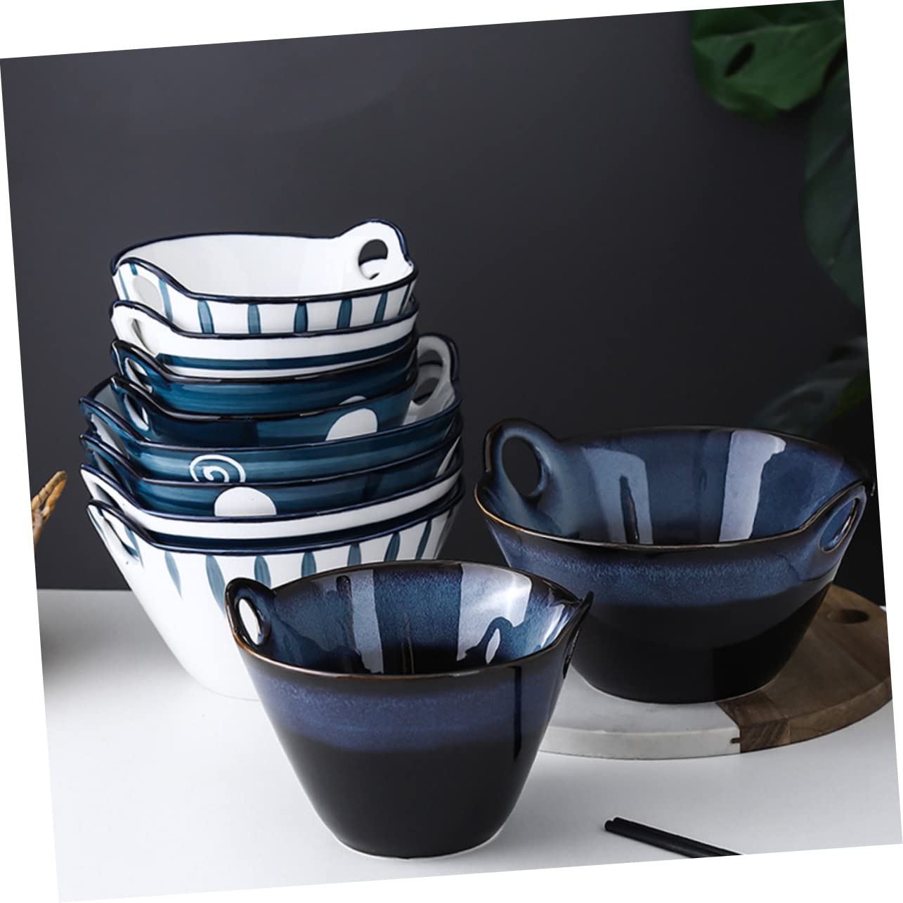 LABRIMP Tazón de Cerámica para Ramen de Doble Asa, Diseño Creativo | Color Navy, Curva Decorativa del Cuenco, Apertura Amplia, Hecho a Mano y Fácil de Limpiar