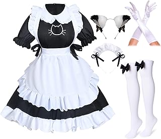 Anime French Cat Maid Apron Fancy Dress Cosplay Costume Headwear Gloves Socks Set(Black S) - Buy now