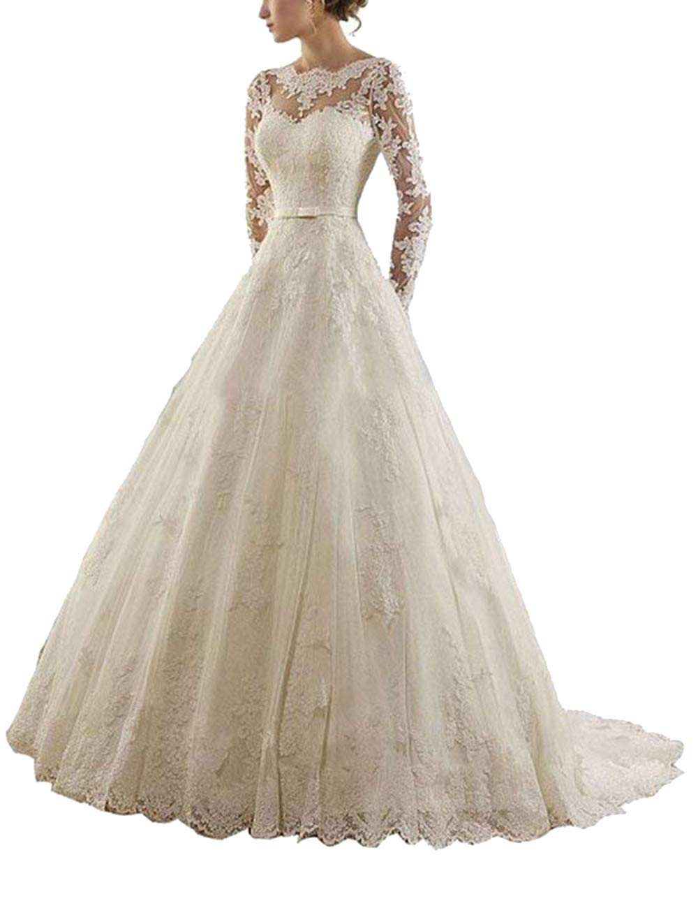 Longue Robe de Mariée a - Ligne Dentelle Fine Robe de Mariée Princesse Robe de Mariée Manches Longues