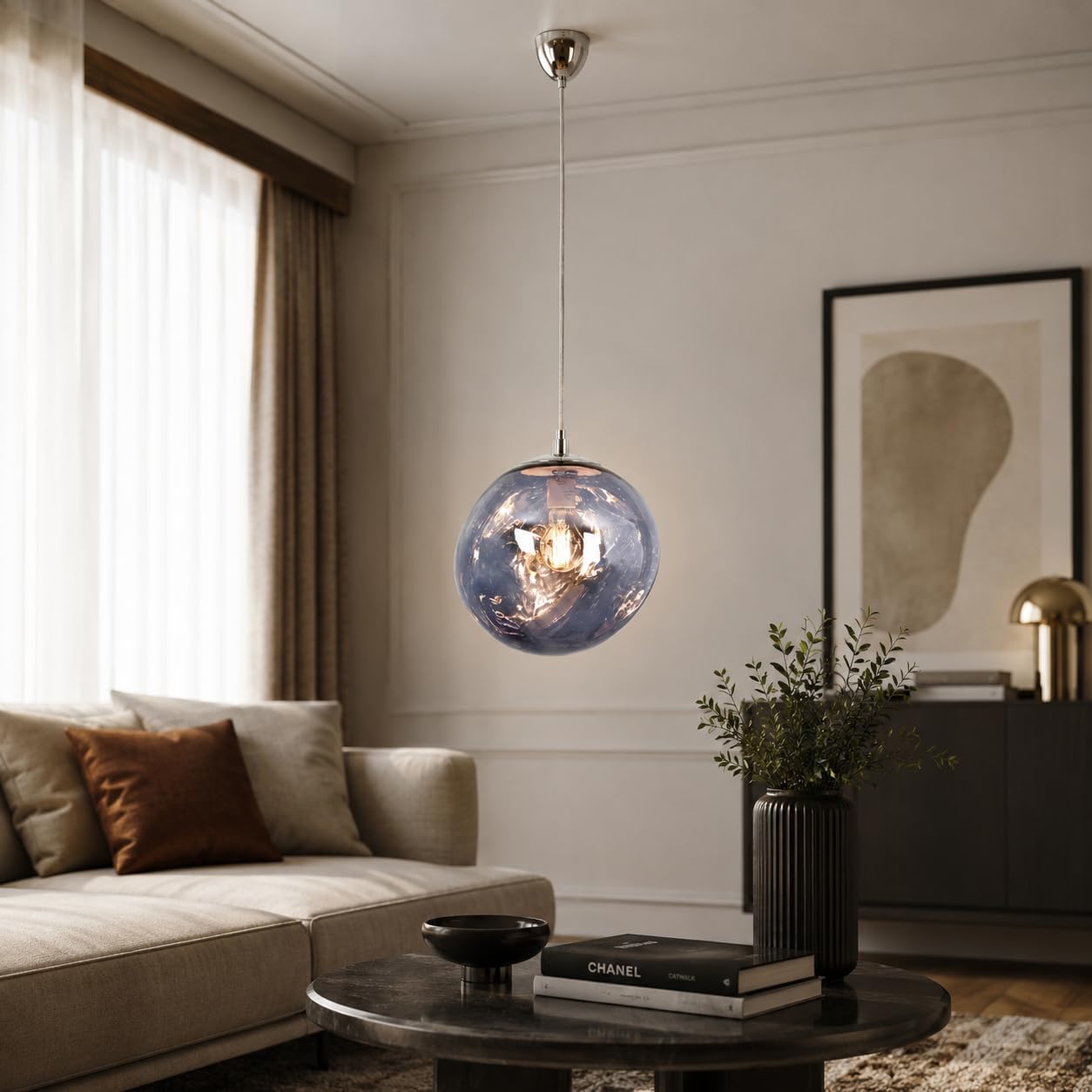 BARCELONA LED Pendelleuchte Violett Aus Glas Ø28cm E27 | Kunstglas und Metall, höhenverstellbares Kabel, 132 cm Gesamthöhe, bis 40 W, für Innenräume