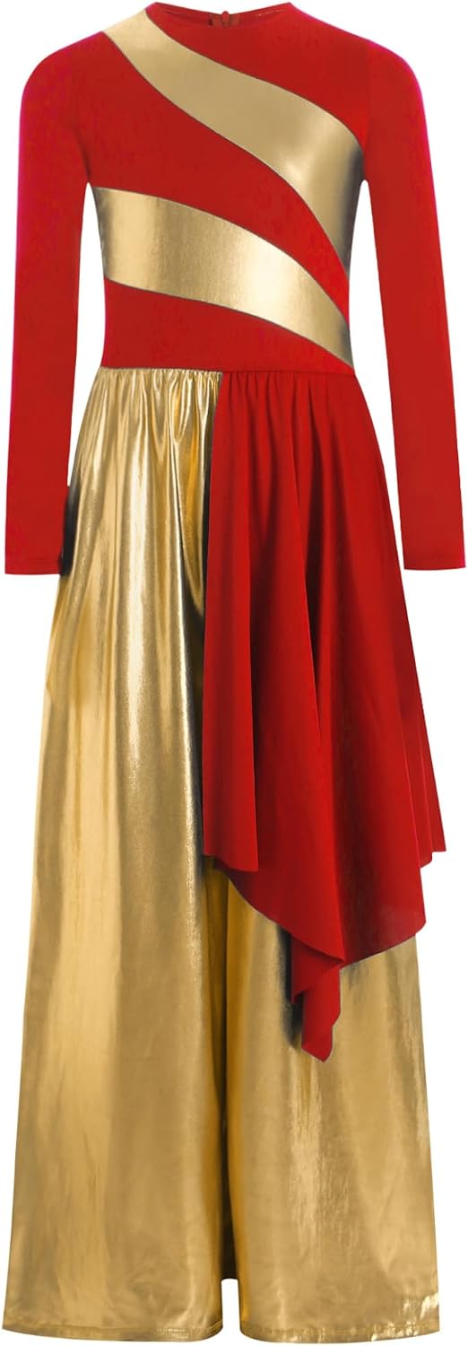Kids Girls Liturgical Praise Dance Bodysuit Metallic Color Block Wide-Leg Jumpsuit Choir Dancewear