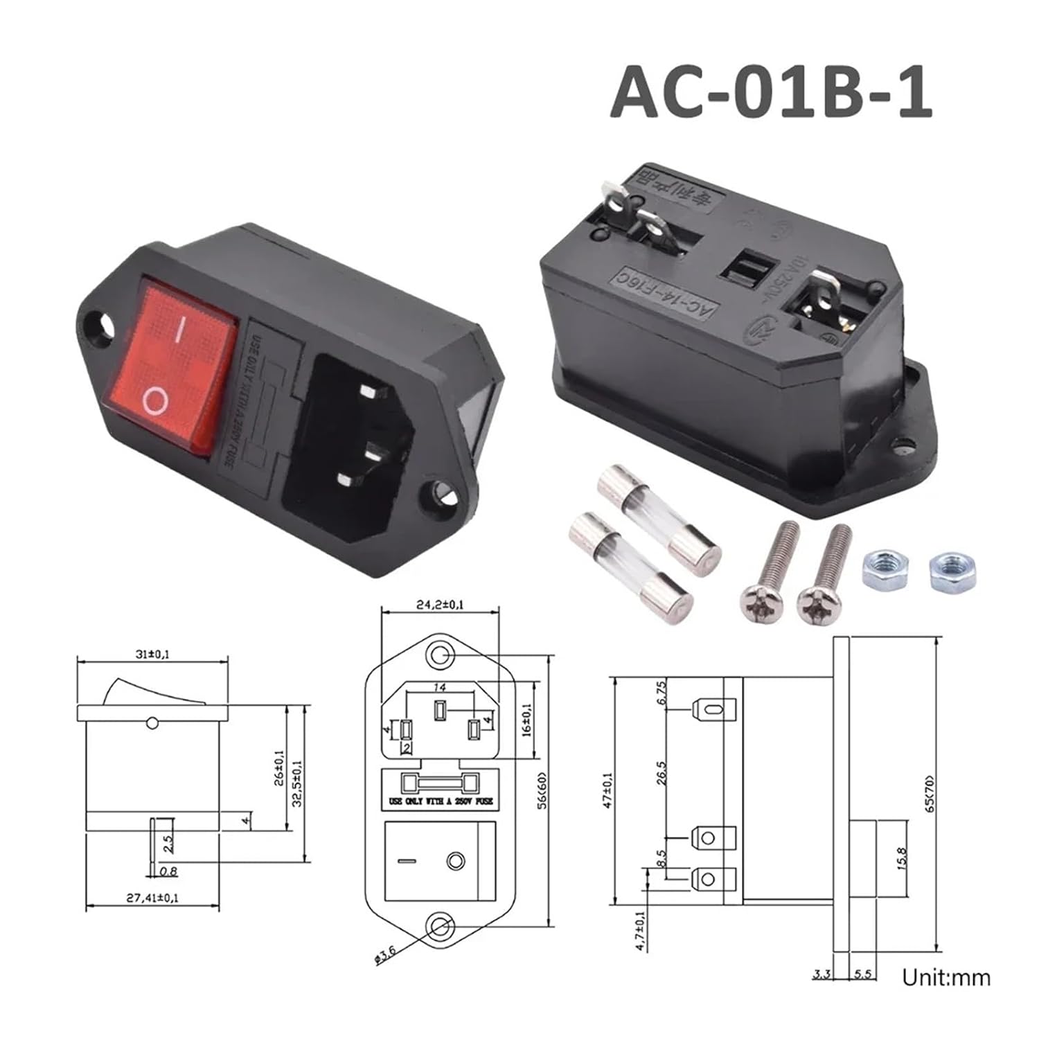 5 Sets of 3 pin AC Power Cord Connector IEC 320 C13 C14 Adapter Socket 10A Fuse Red Light Rocker Switch(2.0mm AC-01-1)