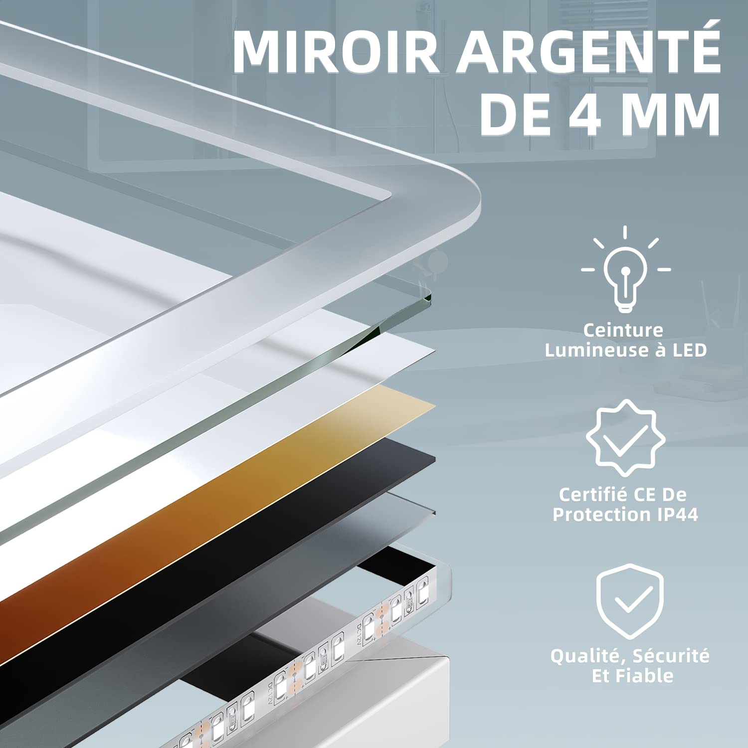 SIRHONA Miroir LED Salle de Bain Bluetooth 120x70cm Miroir Lumineux Salle de Bain avec Eclairage Intégré, Anti-buée, Affichage de L'heure et Température
