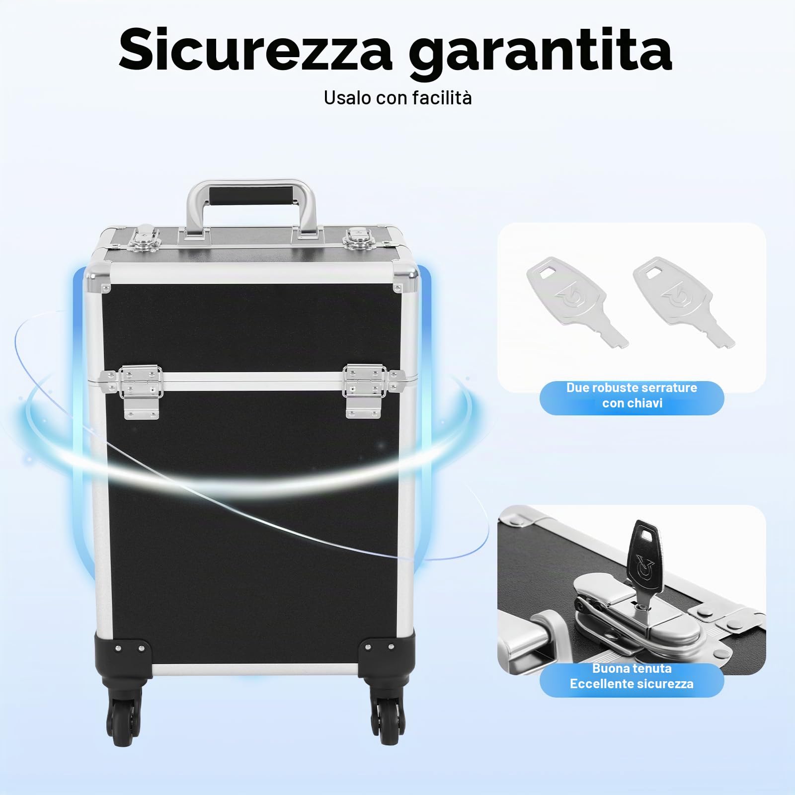 Valigetta professionale per cosmetici Colore nero Con 4 ruote rimovibili e angoli di protezione 34 x 24 x 47 cm Ideale per trucchi truccatori, design unghie e viaggi