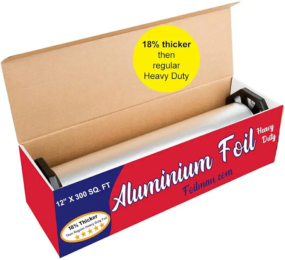 Foilman Thick &amp; Heavy Duty Aluminum Foil Roll with Sturdy Corrugated Cutter Box, Food Safe Cling Wrap for Cooking, Baking, Roasting, Grilling, Freezer Storage - Durable Kitchen Use - 12 in x 300 s