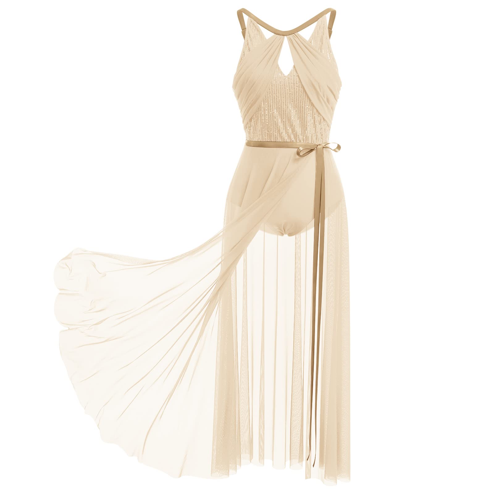 FYMNSI Robe de danse lyrique pour femme - Sans manches - Maillot à paillettes - Avec jupe portefeuille - Costume de danse moderne et contemporain