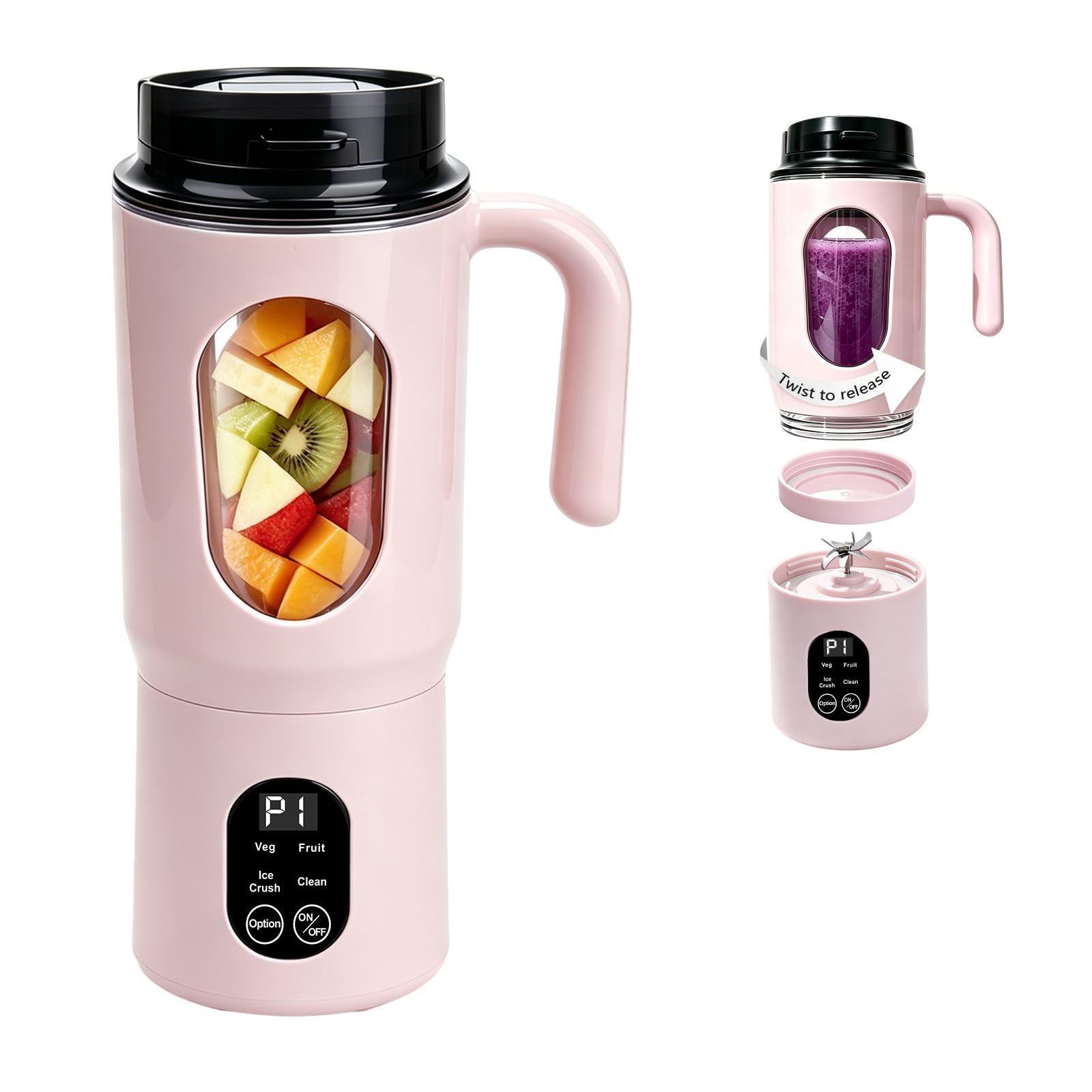 Portable Blender 580ML with LED Display and 12-Blade (pink)
