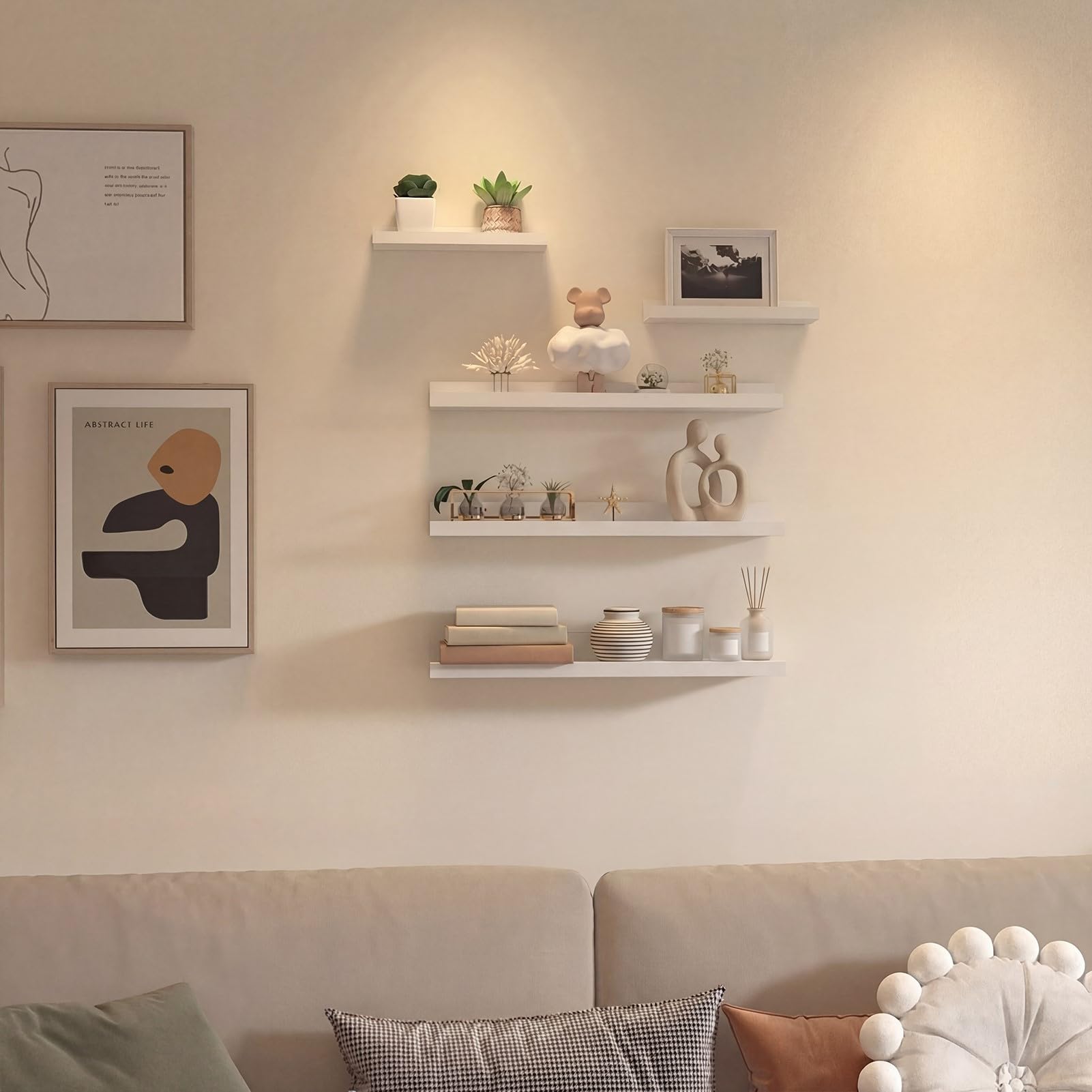 Giftgarden 60cm Estanteria Pared de Madera, Baldas Pared Blanco para Baño, Entrada Recibidor, Cocina, Salon-Juego de 5 con Diferentes Tamaños