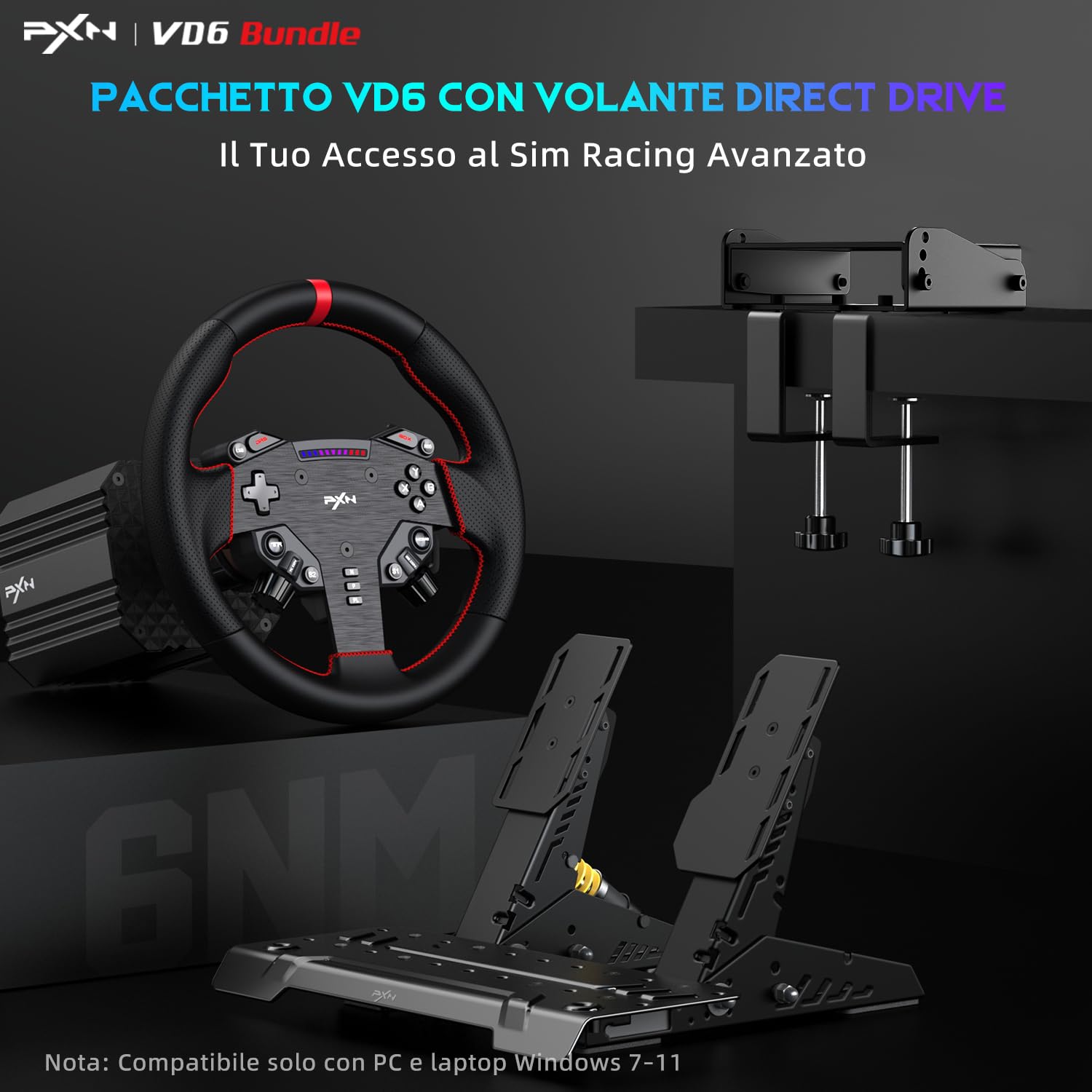 PXN VD6 Kit Volante per Sim Racing 6Nm – Base Servo a Bassa Inerzia, Volante da Corsa W AS, Pedaliera PD HM con Sensore Hall e Morsetto da Scrivania – Compatibile solo con PC Windows 7–11