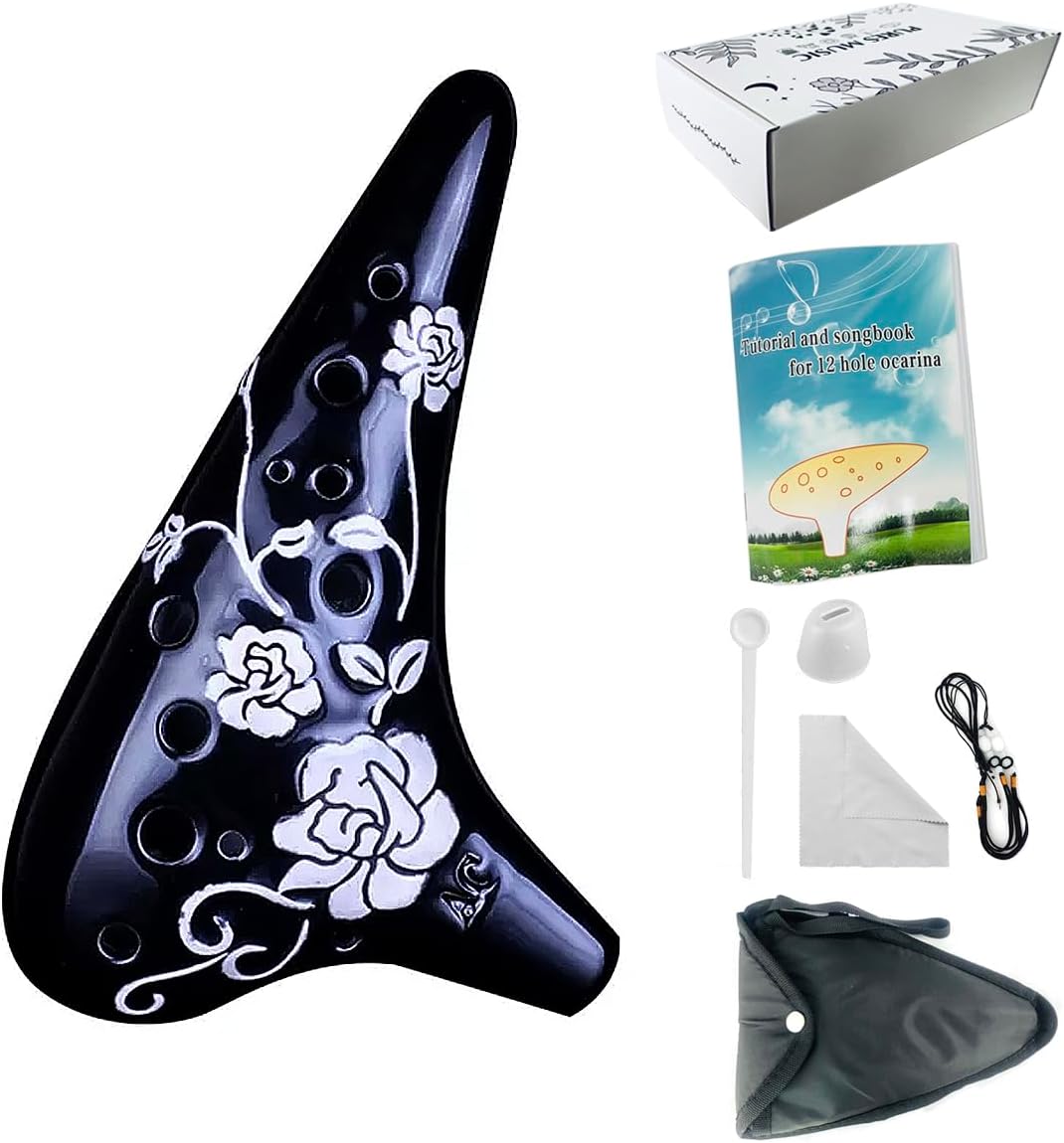 Rose Flower Ocarina 12 Hole Alto C Relief Pattern AC Tone Ceramic Instrument (Black)