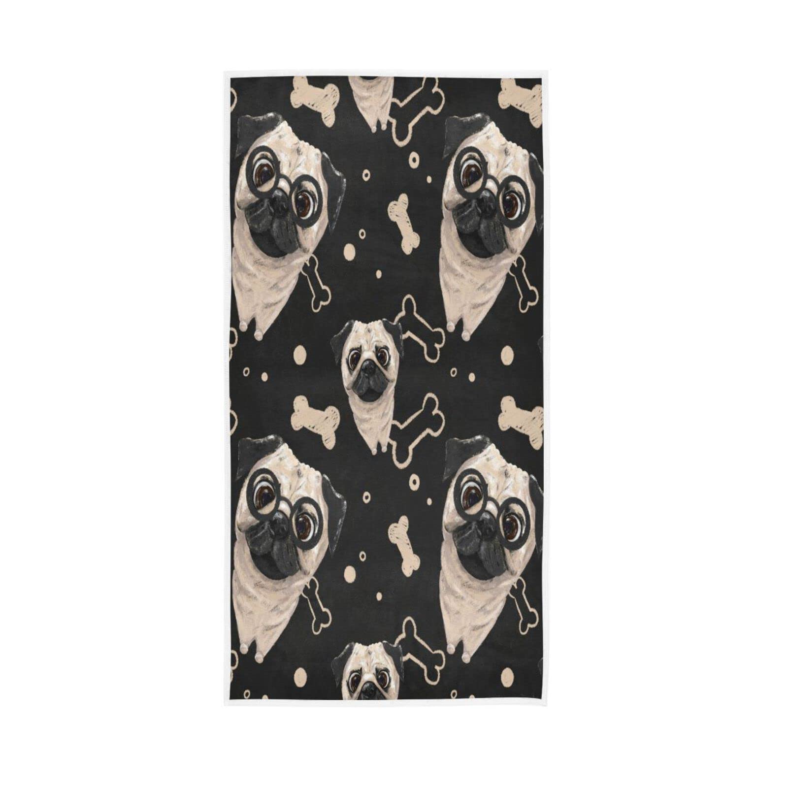 LSRCPD Hand Towels Cute Pug Dog Pattern Decor Fingertip Soft Face Towel Absorbent Bathroom Kitchen Towels