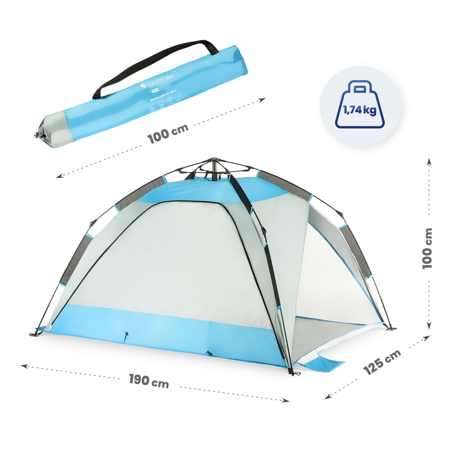 Strandmuschel Pop Up Zelt, Luftig und Leicht zu Tragen Gartenmuschel mit UV Schutz - Einfache Montage - Sonnenschutz für Kinder und Erwachsene, Strand, Garten und Camping (Grau-Blau)