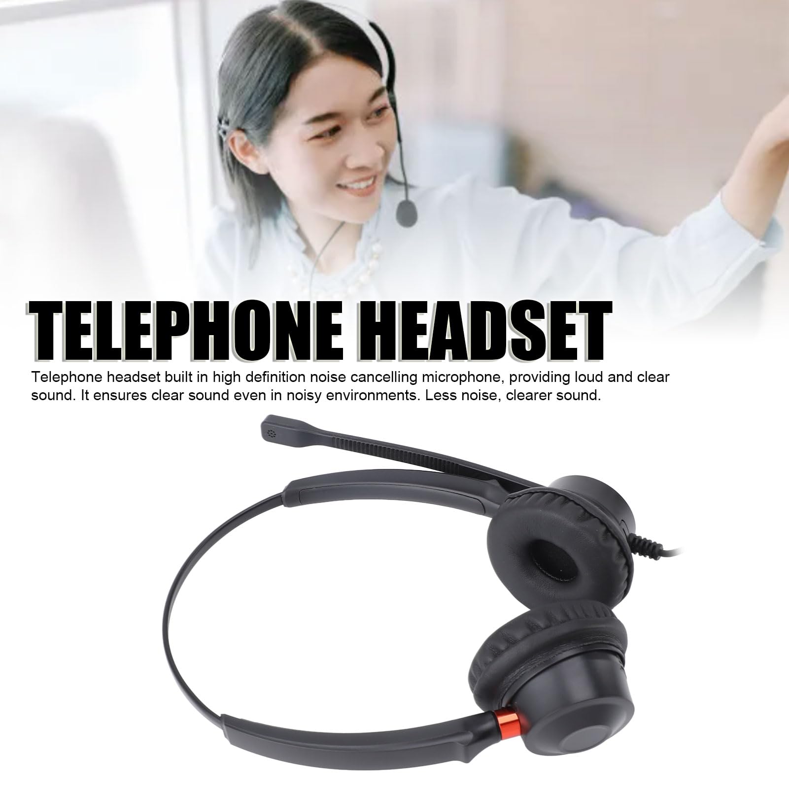 ASHATA Cuffie con microfono a cancellazione del rumore, cuffie per lavoro, supporto binaurale USB a USB C 3,5 mm connettore fisso VoIP auricolare per PC portatile tablet nero