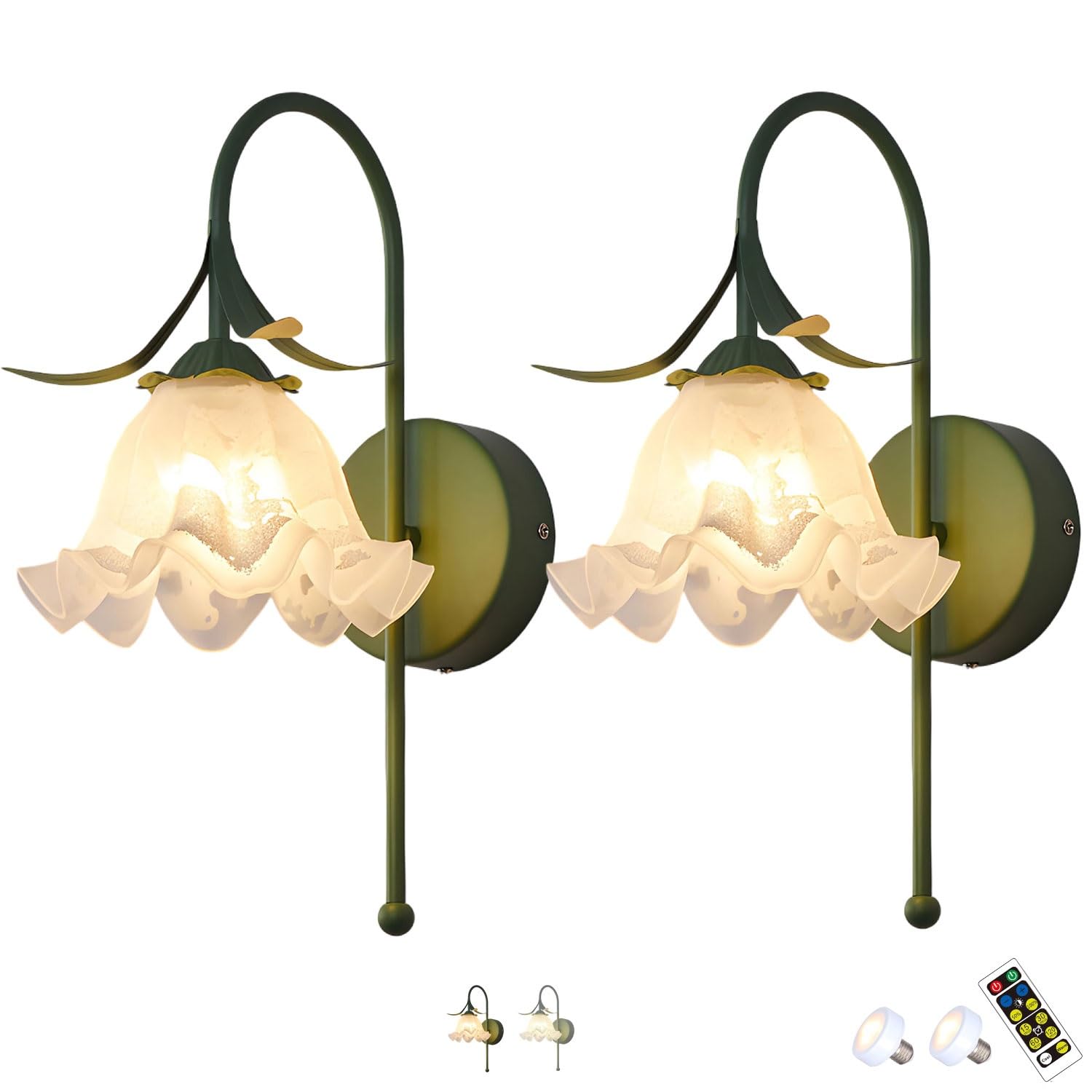 Battery Sconces Wall Decor set of 2,Rechargeable Wall Scones ,Modern Flower Wall Lights ,Wireless Sconces with Remote,Dimmable Lighting Fixtures for Bedroom Living Room Entryway(Green,Two-color)