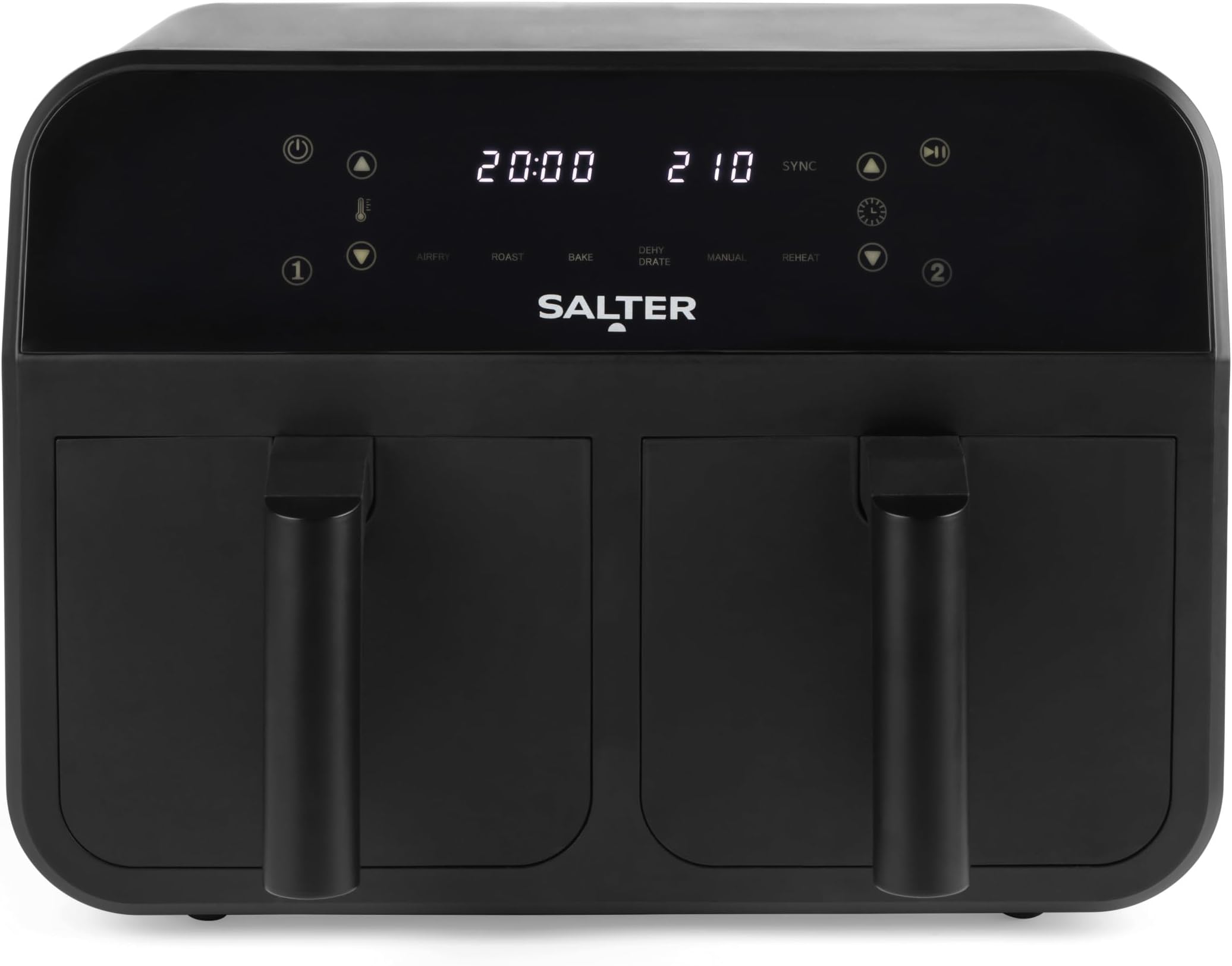Salter EK4750BLK Dual Air Fryer – 2 x 3.7L Non-Stick Frying Drawers For Independent Cooking, Family Size 7.4L Capacity, 6 Air Fry Pre-Sets, Sync & Match To Cook & Serve Different Foods Together, 2400W