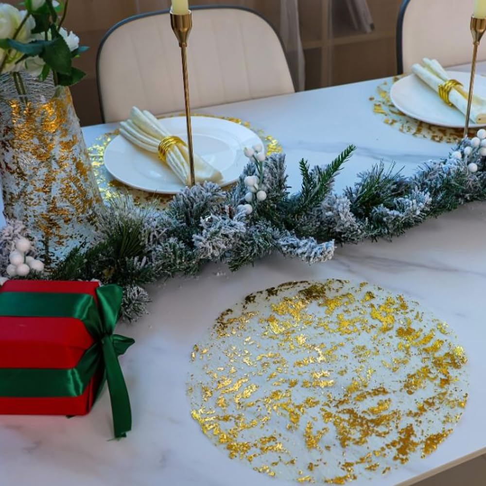 Snowkingdom Paquete de 100 manteles individuales desechables dorados de malla de aluminio de 13 pulgadas, redondos, prensados, juego de 100 tapetes dorados para mesa de comedor, boda, fiesta de
