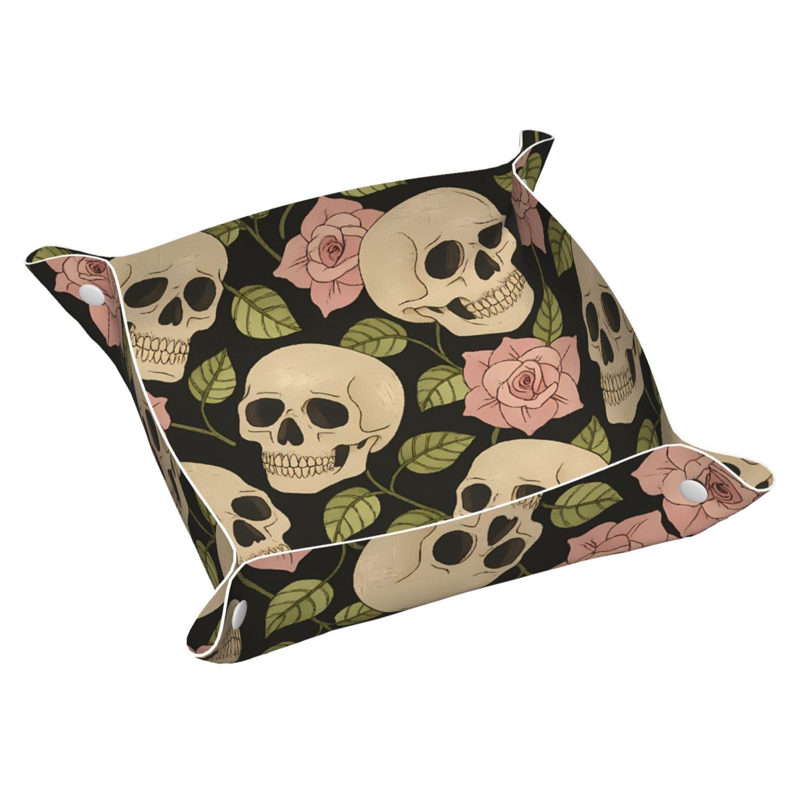 HLBSDM Skull & Pink Rose Tray Men's Leather Valet Parking Portable Entrance Trays Bedside Storage Box