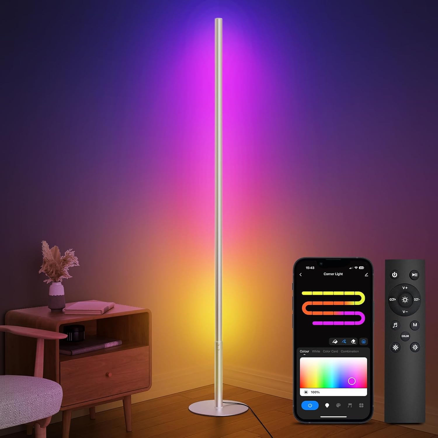 RGBW Floor Lamp, Smart LED Corner Lamp with WiFi APP Remote Control, Compatible with Alexa, 2700k-6500k Color Changing Standing Lamp for Bedroom Game Room, Modern Floor Lamp for Living Room Silver