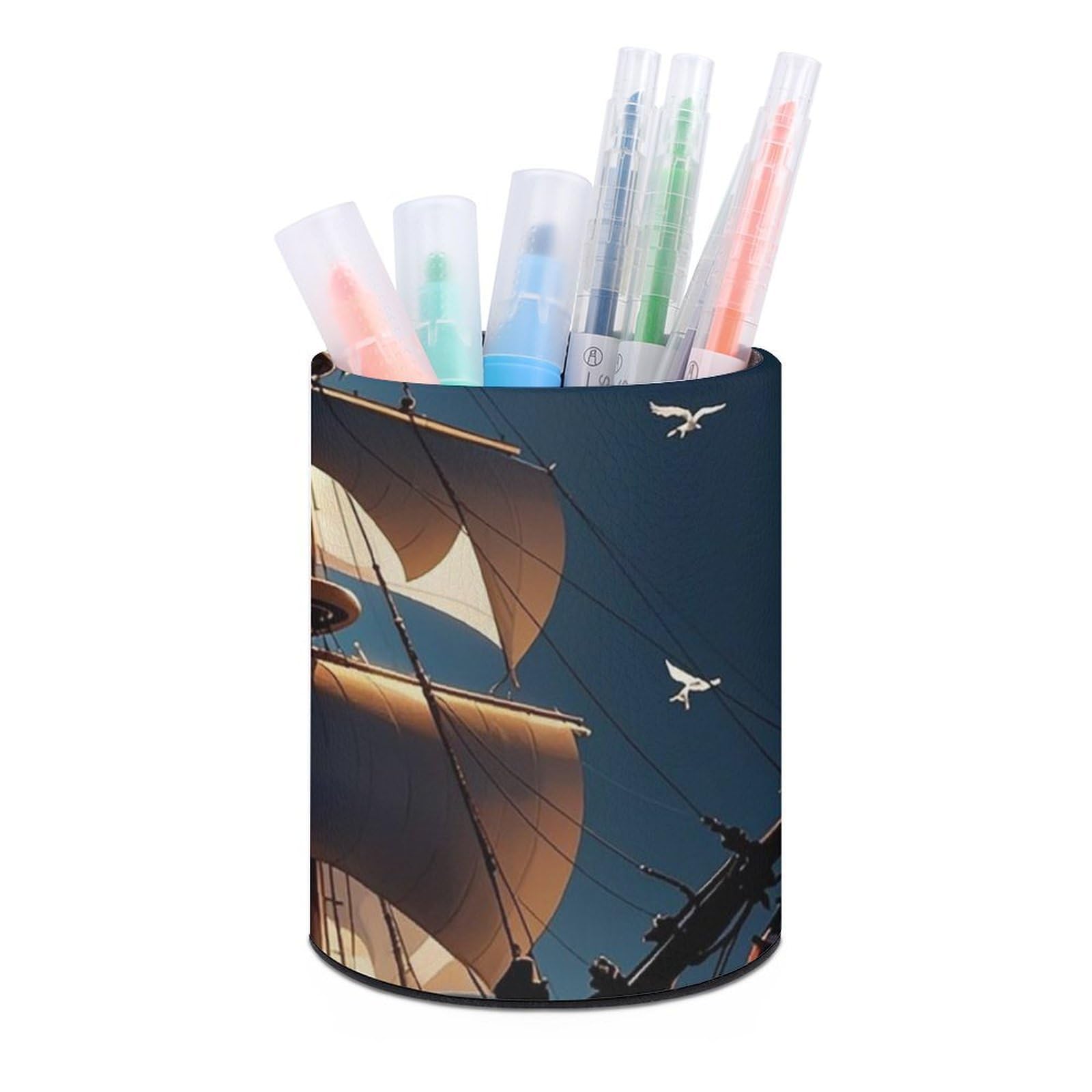 FekiLoot PU Leather Round Pen Holder Pirate Sailboat Full Moon Pencil Holder Desk Organizer Pen Organizer Pen Cup Pencil Cup Caddy Desktop Stationery Organizers for Office Home Supplies