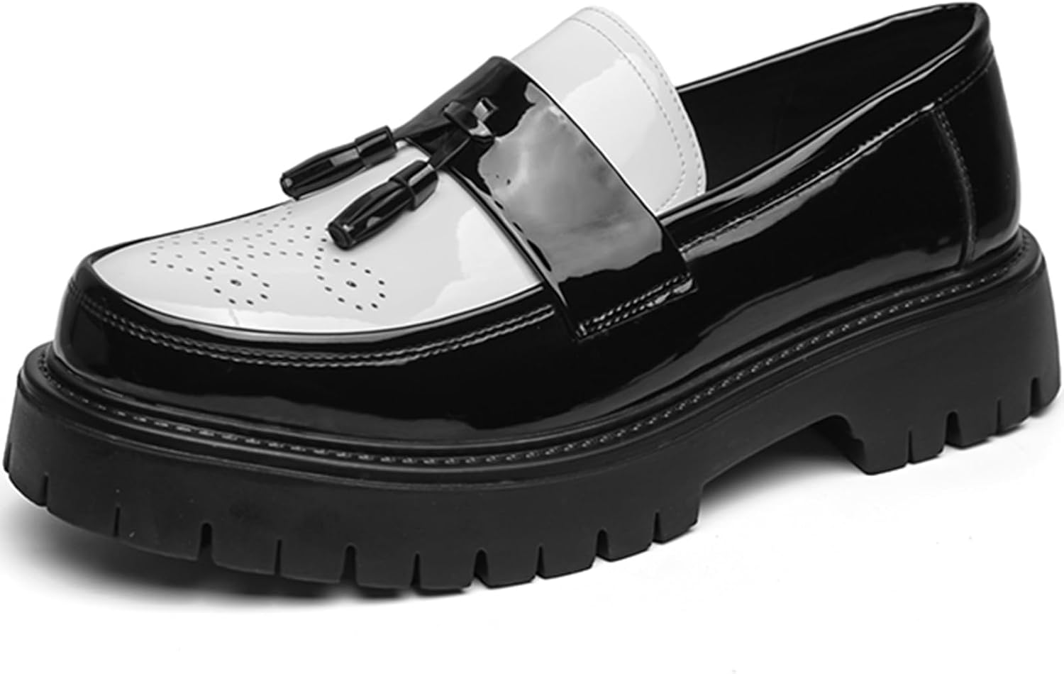 Mens Leather Slip-On Platform Dress Tassels Loafers Non-Slip Low Top Round Toe Chunky Penny Shoes for Business Casual Dress Prom Party