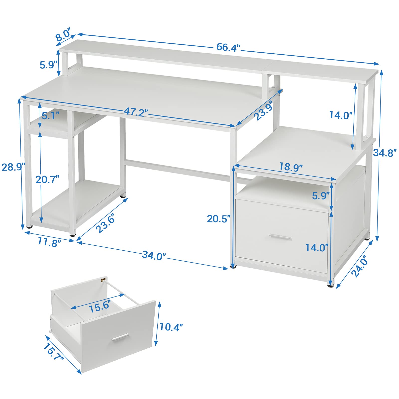 Sedeta Computer Desk with File Drawer and Storage Shelves, 66'' Large Home Office Desk