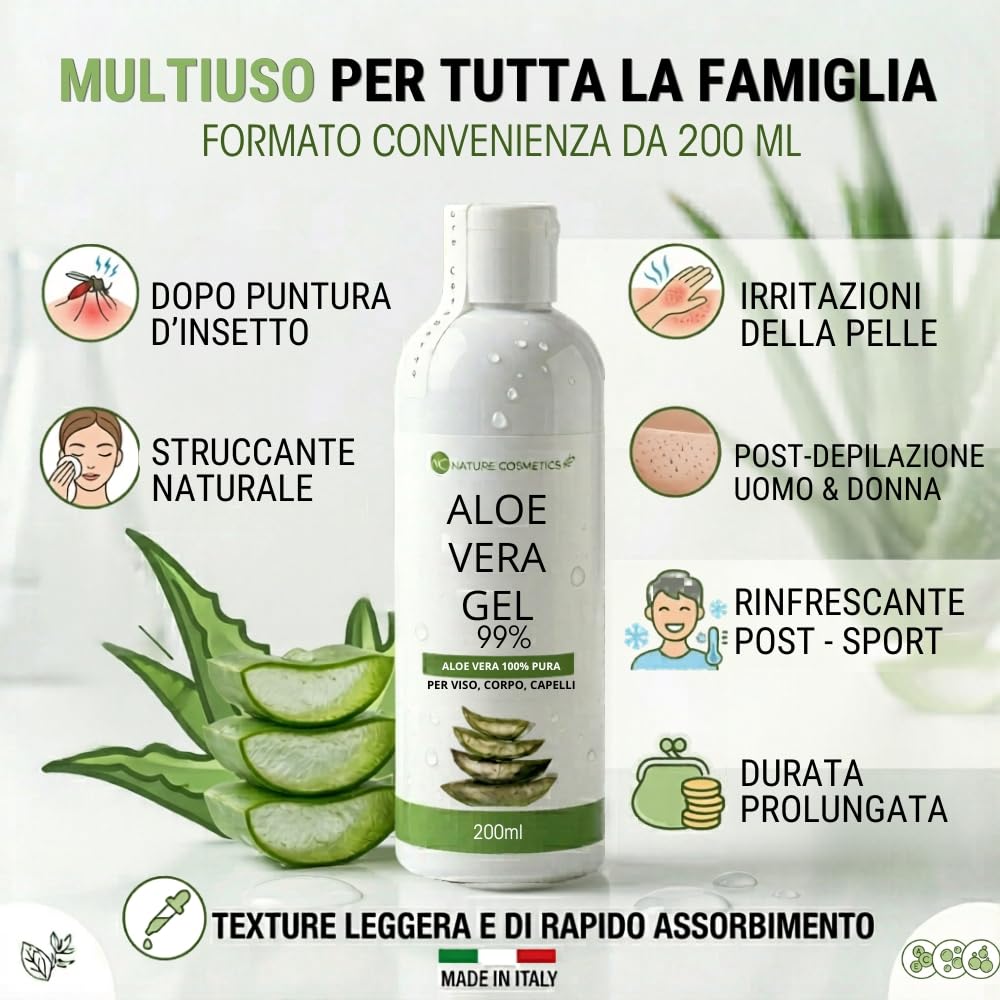 Aloe Vera Gel Puro, da coltivazione biologica. Per Viso, Corpo e Capelli. Idratante, rinfrescante post scottature solari, post depilazione e rasatura.(Confezione da 2 x 200 ml)