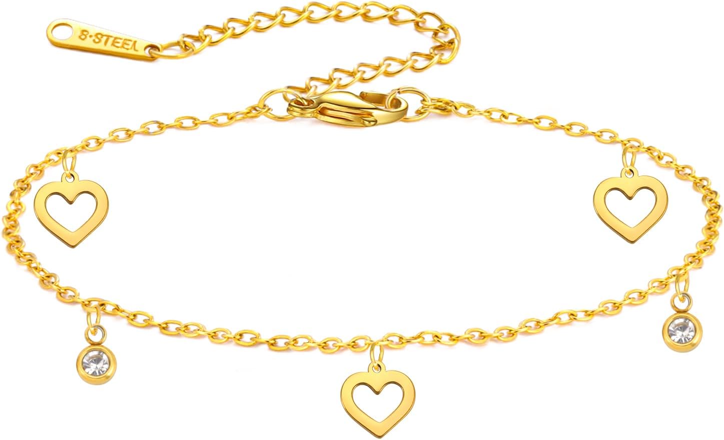 Amaxer Adjustable Stainless Steel Heart Ankle Bracelet with Rhinestone Charm - Shimmering Foot Chain for Women