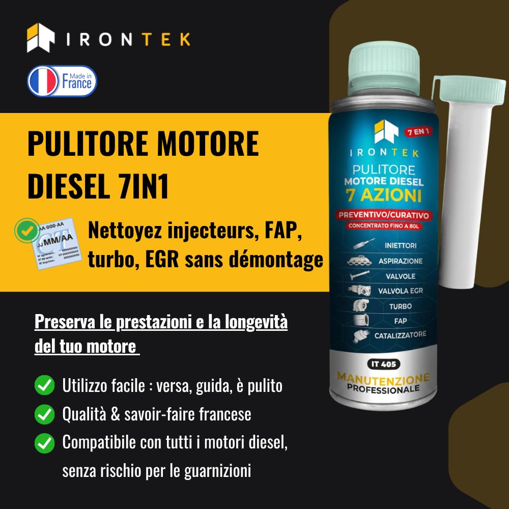 Pulitore 7in1 Motore Diesel - IRONTEK - 375ml | IT405 | 7 Azioni | Rigenerazione FAP Turbo EGR Iniettori | Formula Concentrata Preventiva e Curativa