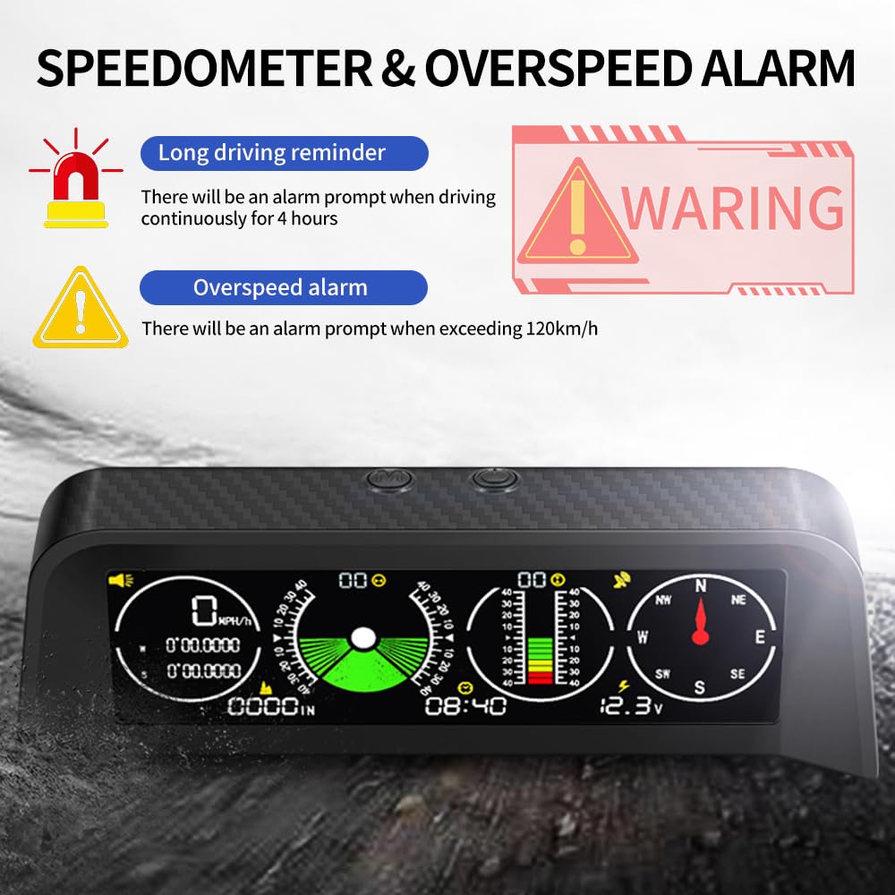 OBEST Inclinometro 4x4, head up display auto digitale Tachimetro GPS con Altimetro Compass Theodolite, per Auto Moto 4x4 Fuoristrada, Ricordo di guida lungo Allarme di sovravelocità